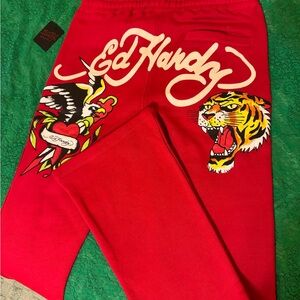 Ed Hardy Vibrant Red Sweatpants with Tiger and Heart Design